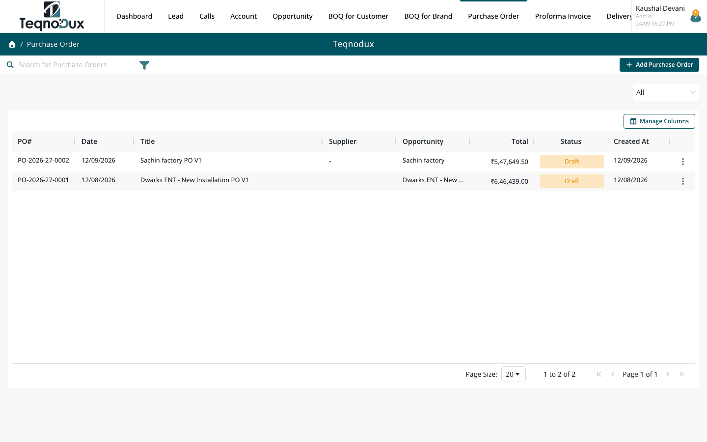 Purchase Orders in HVAC Flow