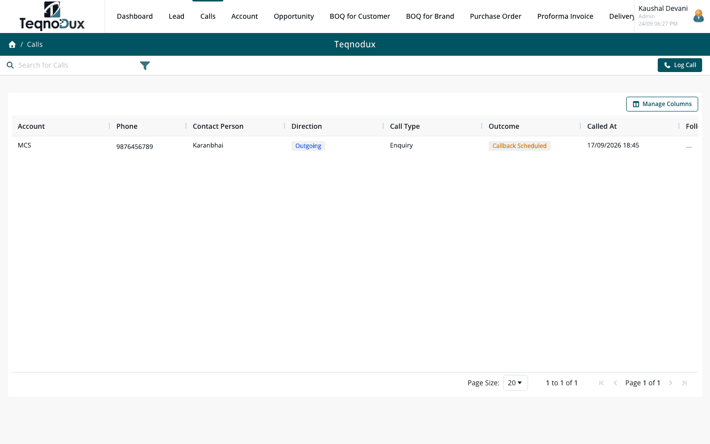 Calls & Activity list view
