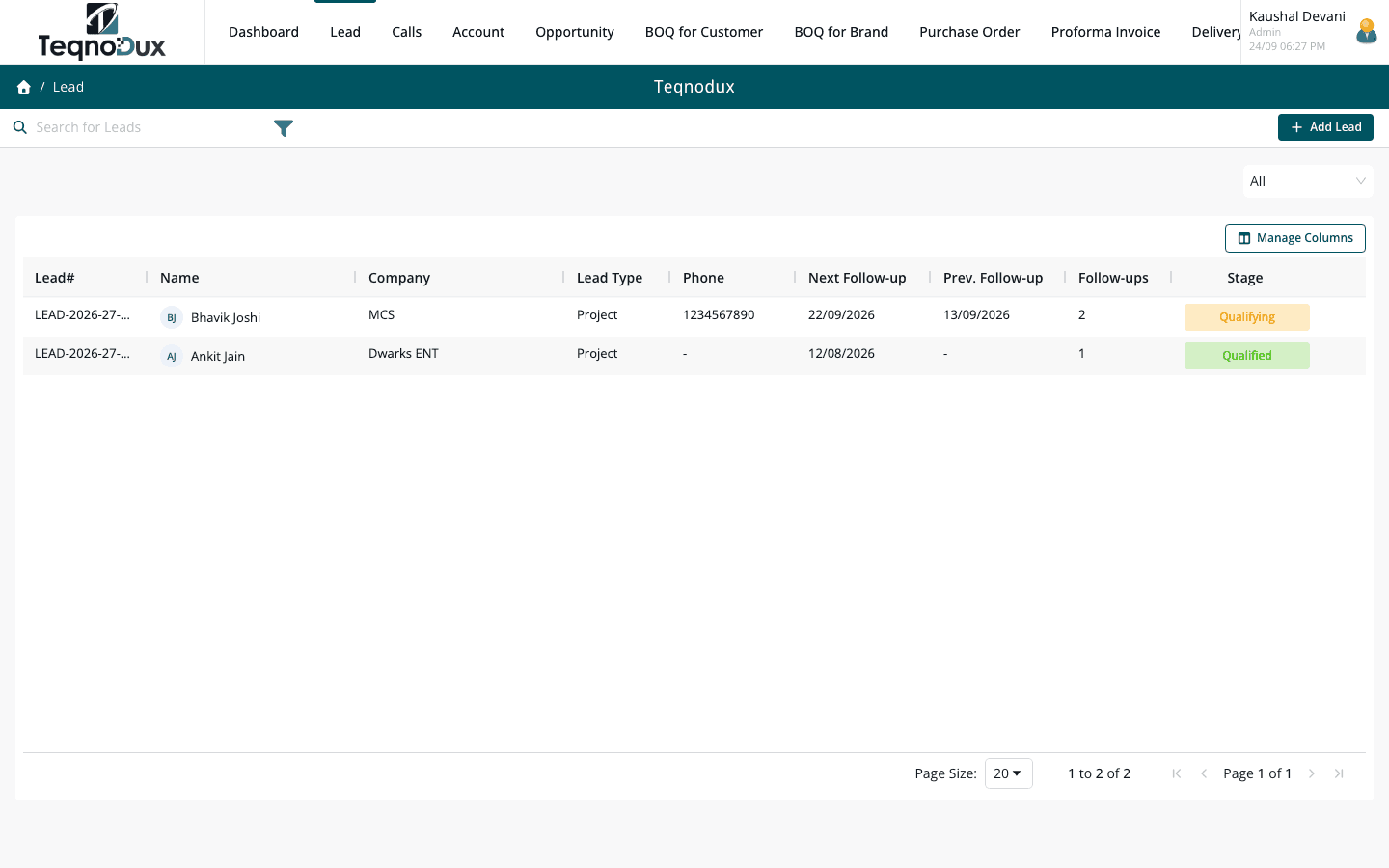 Lead Management list view