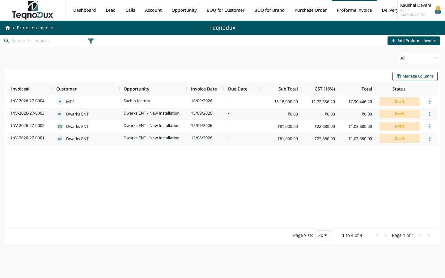 Proforma Invoice in HVAC Flow